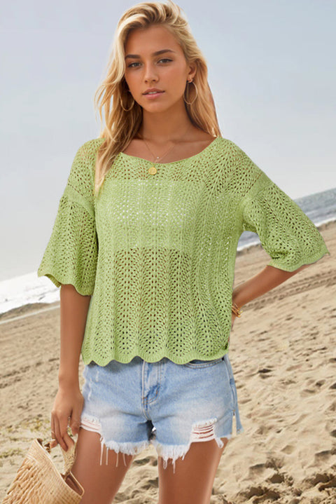 Light Green Scalloped Half Sleeve Open Knit Top