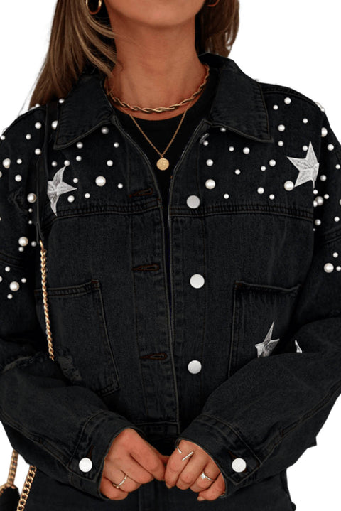 Chaqueta vaquera corta con estrella de perlas desgastadas azul cielo