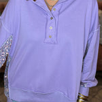 Lilac Sequin Patchwork High Low Hem Henley Sweatshirt