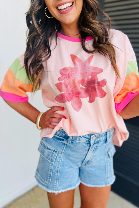 Pink Flower Color Block Half Sleeve Loose T Shirt