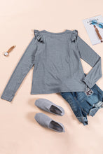 Dark Grey Solid Color Ruffled Crew Neck Long Sleeve Top