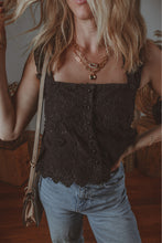 Black Floral Embroidered Buttoned Square Neck Tank Top