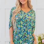 Green Abstract Print V Neck Half Sleeve Loose Fit Tunic Blouse