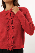 Fiery Red Ribbed Knit Bow Front Buttoned Cardigan