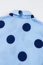 Sky Blue Polka Dot Print Ruffled Short Sleeve Buttoned Collared Blouse