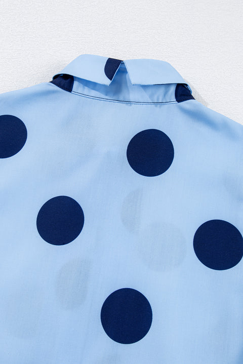 Sky Blue Polka Dot Print Ruffled Short Sleeve Buttoned Collared Blouse