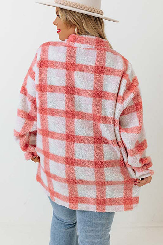 Pink Plus Size Tunic Plaid Sherpa Henley Sweatshirt