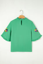 Green Sequin Doughnut Graphic Ruffled Trim Bell Sleeve Mardi Gras Blouse