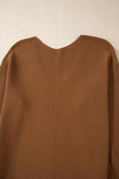 Camel Ribbed Knit Drop Sleeve V Neck Loose Fit Sweater