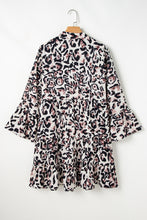 Black Leopard Print Buttoned Front 3/4 Sleeve Tiered Ruffled Hem Dress