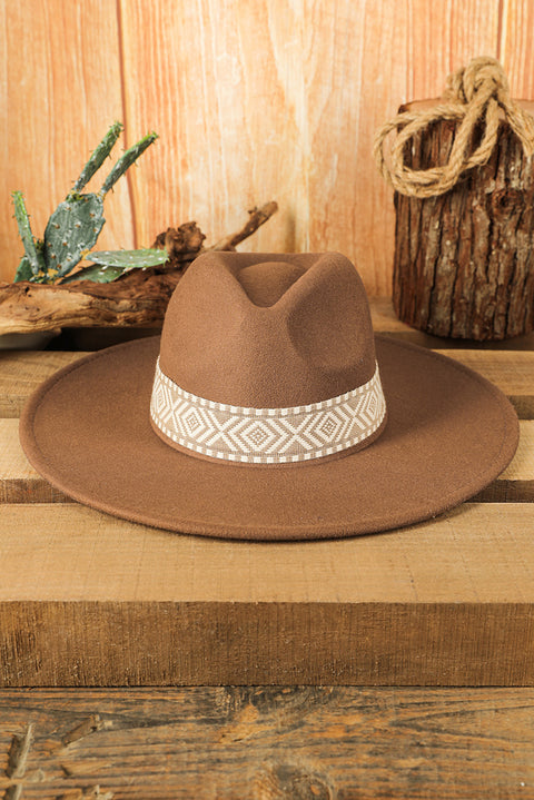 Brown Aztec Embroidery Retro  Flat Fedora Hat