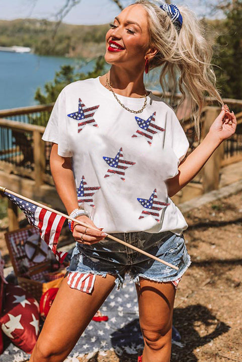 White Sequined American Flag Star Graphic T Shirt