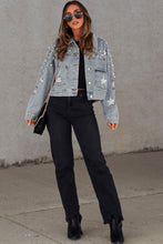 Sky Blue Distressed Pearls Star Cropped Denim Jacket