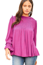 Bright Pink Shirred Button Keyhole Back Flounce Sleeve Blouse