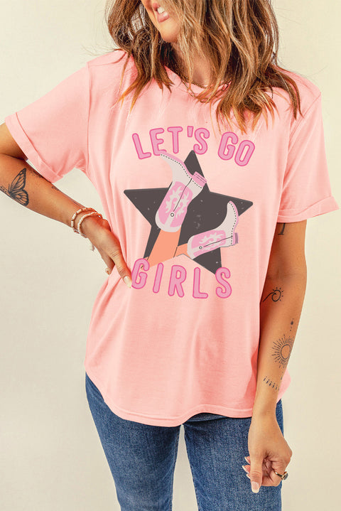 Pink LETS GO GIRLS Western Boots Star Shape Graphic Tee