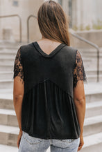 Black Eyelash Lace Sleeve V Neck Ruffle Babydoll Top