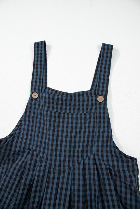 Sail Blue Plaid Print Buttoned Pocketed High Waist Overall