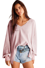 Light Pink Waffle V Neck Long Sleeve Drop Shoulder Loose Blouse