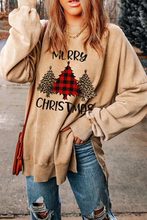 Khaki MERRY CHRISTMAS Tree Print Loose Fit Sweatshirt