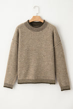 Pale Khaki Contrast Trim Mock Neck Drop Shoulder Sweater