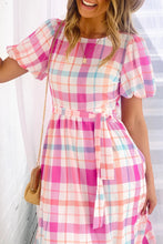 Pink Checkered Puff Sleeve Belted Midi Dress