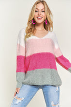 Striped Color Block Fuzzy V Neck Sweater