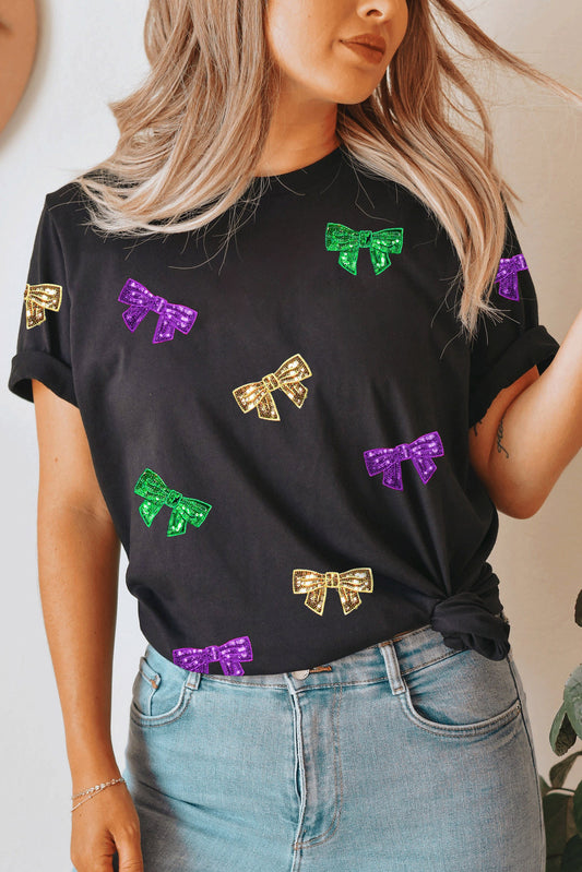 Black Mardi Gras Sequin Bow Knot Crew Neck T Shirt