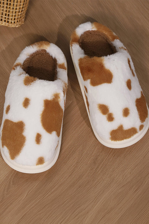 Chestnut Cow Spot Printed Plush Home Slippers