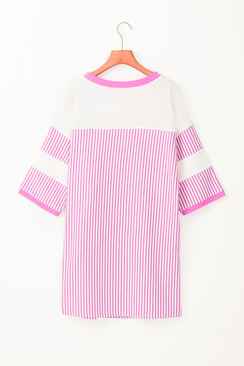 Phalaenopsis Striped Patchwork Three Quarters Sleeve Loose Mini Dress