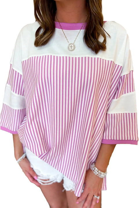 Phalaenopsis Striped Patchwork 3/4 Sleeve Oversize Top