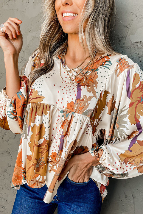 Multicolour Floral Print V Neck Babydoll Blouse