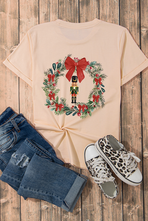 Khaki Nutcracker Bow Christmas Wreath Crewneck Printed T Shirt