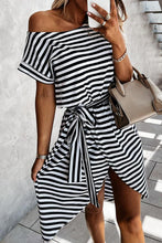 Stripe Short Sleeve Belted Wrapped Hemline T-Shirt Dress