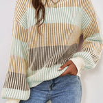 Brown Colorblock Textured Knit Bubble Sleeve Sweater