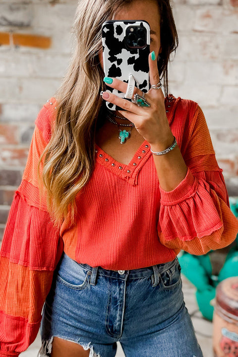 Red Studded V Neckline Exposed Seam Textured Knit Top