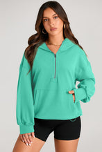 Aruba Blue Solid Kangaroo Pocket Half Zipper Oversized Hoodie