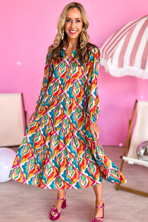 Vestido cintura alta de manga larga con estampado geométrico abstracto multicolor