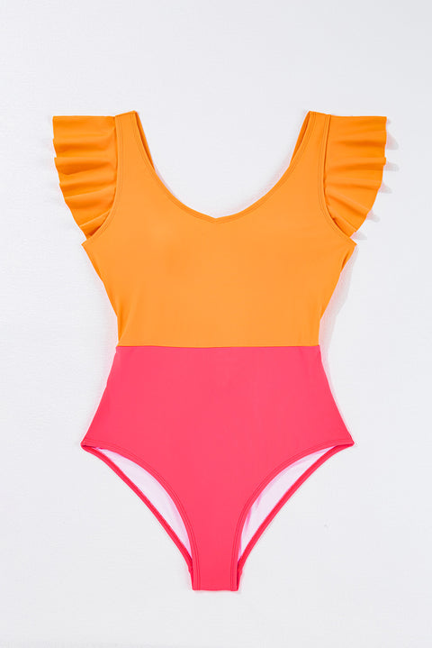 Vitality Orange Color Block Ruffled Knotted Backless One Piece Swimsuit