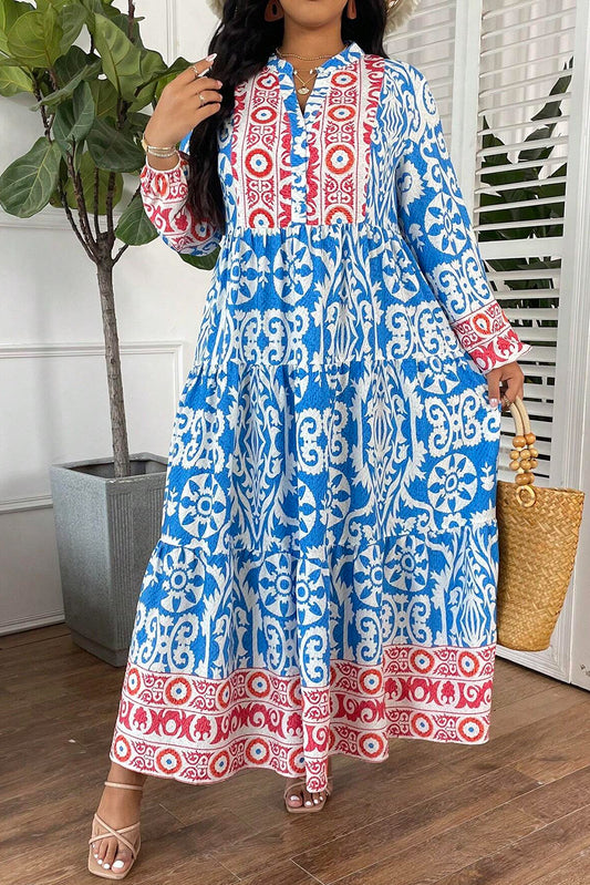 Sky Blue Vintage Floral Color Block Notch Neck Plus Size Dress