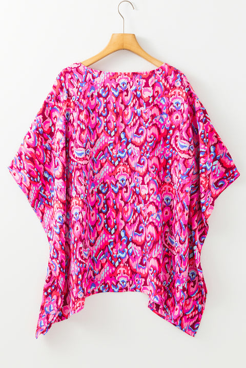 Pink Abstract Print V Neck Half Sleeve Loose Fit Tunic Blouse