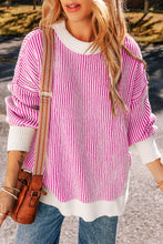 Bright Pink Striped Textured Knit Contrast Edge Loose Sweater