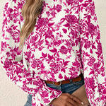 Rose Floral Print Flounce Sleeve Keyhole Back Blouse