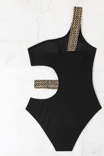 Black Textured Stitch One Shoulder Cutout One Piece Swimsuit