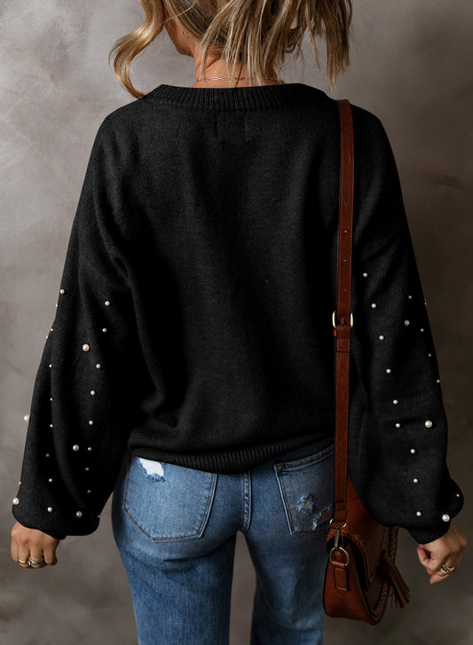 Black Pearled Drop Shoulder Round Neck Sweater