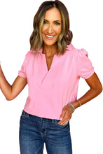 Pink Collared V Neck Puff Sleeve T-shirt