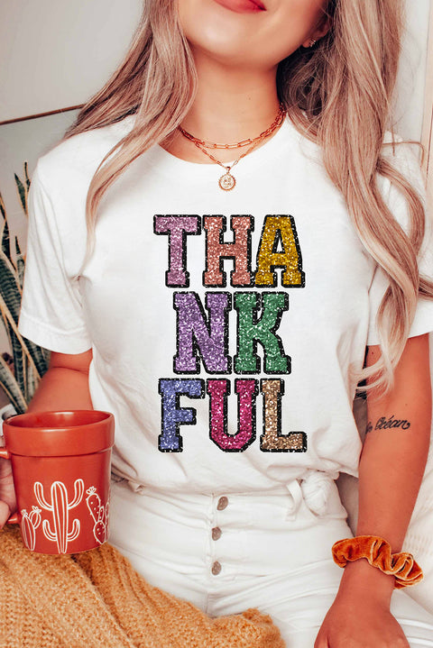 White Heat-transfer Printed THANKFUL Letter Graphic T Shirt