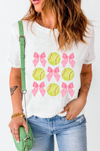 White Bow Tie Baseball Print Round Neck Casual Tee