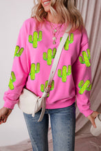 Bonbon Sequined Cactus Pattern Crewneck Pullover Sweatshirt