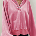 Pink Solid Snap Buttons Collared Balloon Sleeve Oversized Sweatshirt