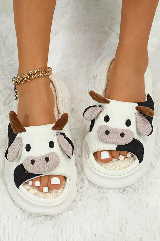 Pantuflas con punta abierta y estampado de vaca lindo blanco brillante 